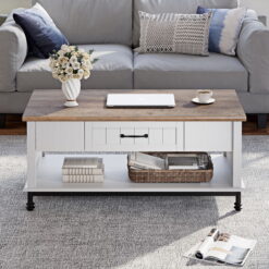 Wampat Farmhouse Coffee Table, Large Rectangle Storage Center with Drawer for Living Room