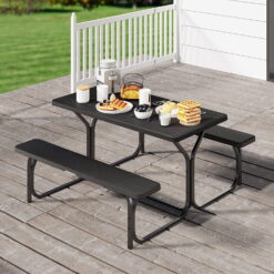 Dextrus Picnic Table Bench Set 4.5 ft Outdoor Camping with Stable Steel Frame & Wooden Texture Tabletop Weather Resistant - Black
