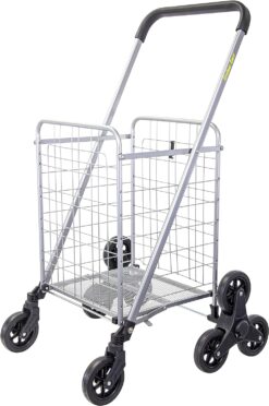 dbest products Stair Climber Cruiser Cart Shopping Grocery Rolling Folding Laundry Basket on Wheels Foldable Utility Trolley Compact Lightweight Collapsible, Silver