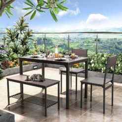 soges 4 Person Dining Table Set,43.3 inch Kitchen Table Set for 4,2 Chairs with Backrest,2-Person Bench with Storage Rack,Nesting Furniture Set for Dining Room and Restaurant, Rustic Oak