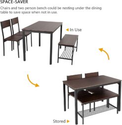 soges 4 Person Dining Table Set,43.3 inch Kitchen Table Set for 4,2 Chairs with Backrest,2-Person Bench with Storage Rack,Nesting Furniture Set for Dining Room and Restaurant, Rustic Oak