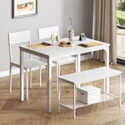 soges 4 Person Dining Table Set,43.3 inch Kitchen Table Set for 4,2 Chairs with Backrest,2-Person Bench with Storage, White Rack,Nesting Furniture Set for Dining Room and Restaurant, White