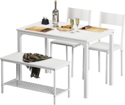 soges 4 Person Dining Table Set,43.3 inch Kitchen Table Set for 4,2 Chairs with Backrest,2-Person Bench with Storage, White Rack,Nesting Furniture Set for Dining Room and Restaurant, White