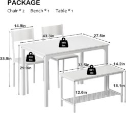 soges 4 Person Dining Table Set,43.3 inch Kitchen Table Set for 4,2 Chairs with Backrest,2-Person Bench with Storage, White Rack,Nesting Furniture Set for Dining Room and Restaurant, White