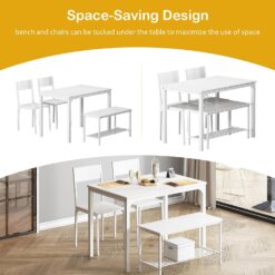 soges 4 Person Dining Table Set,43.3 inch Kitchen Table Set for 4,2 Chairs with Backrest,2-Person Bench with Storage, White Rack,Nesting Furniture Set for Dining Room and Restaurant, White