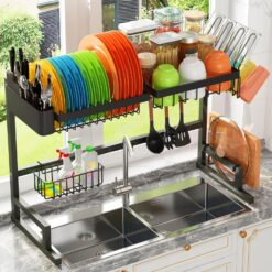 ADBIU Over The Sink Dish Drying Rack (Expandable Height and Length) Snap-On Design 2 Tier Large Dish Rack Stainless Steel (24