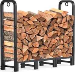 AMAGABELI GARDEN & HOME 4ft Firewood Log Rack Outdoor Indoor Heavy Duty Wrought Iron Fire Wood Holder Outdoors Stand Tubular Wood Pile Lumber Storage Stacking Log Bin Black