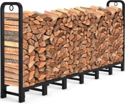 AMAGABELI GARDEN & HOME 8ft Outdoor Fire Rack, Fireplace Heavy Duty Firewood Pile Storage Racks For Patio Deck Metal Log Holder Stand Tubular Steel Wood Stacker Outside Tools Accessories Black