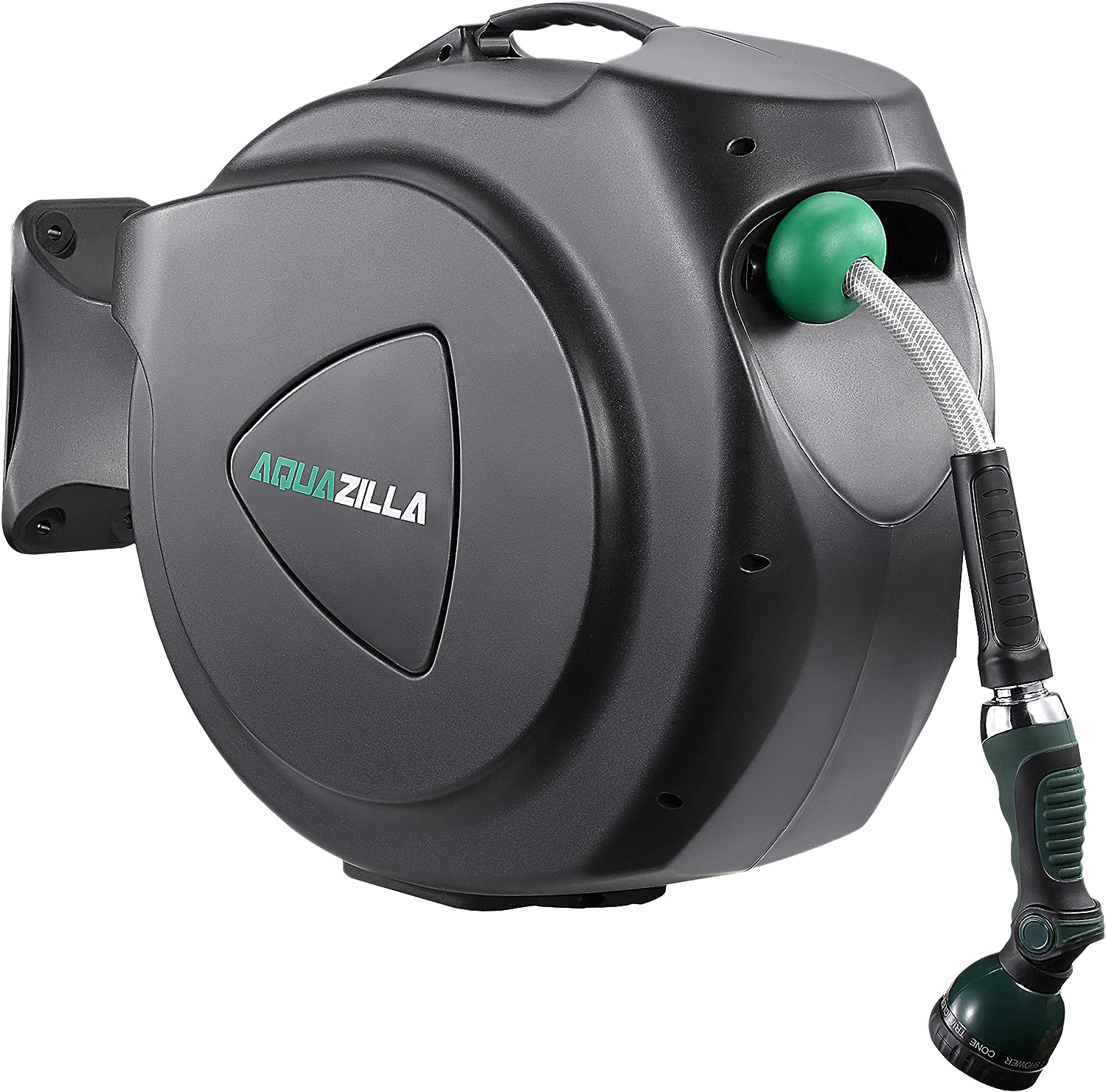 AQUAZILLA Retractable Garden Hose Reel 65FT +6FT 5/8, Durable Wall Mounted  Water Hose Reel- Smooth Automatic Rewind, Lock Hose in Any Lenght, 180°  Swival Bracket, 9 Pattern Sprayer.