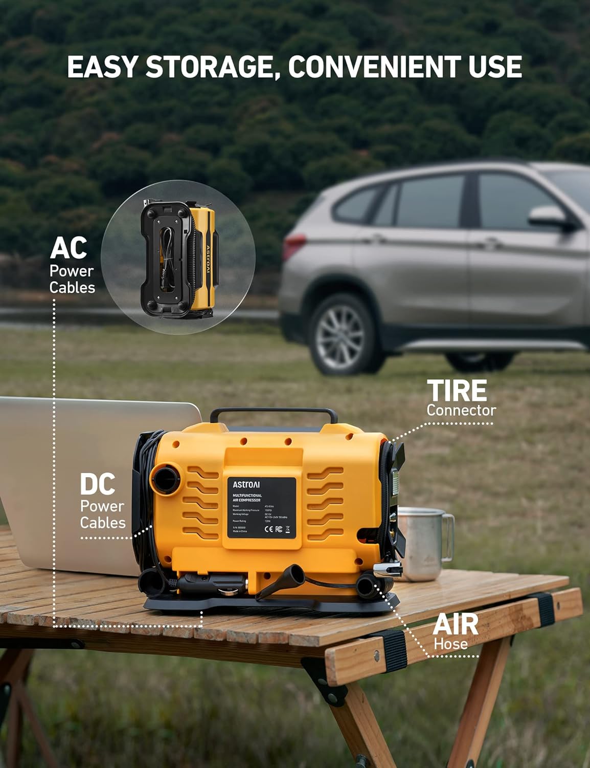 AstroAI Tire Inflator Portable Air Compressor for Car Tire Pump 150PSI 12V  DC/110V AC with Dual Metal Motors &LED Light，Automotive Car Accessories&Two  mode for car, bicycle tires and air mattresses.