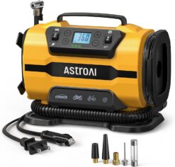 AstroAI Tire Inflator Portable Air Compressor for Car Tire Pump 150PSI 12V DC/110V AC with Dual Metal Motors &LED Light，Automotive Car Accessories&Two mode for car, bicycle tires and air mattresses.