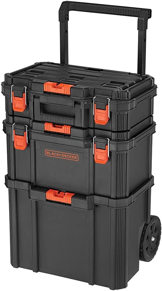 BLACK+DECKER BDST60500APB Stackable Storage System - 3 Piece Set (Small,  Deep Toolbox, and Rolling Tote)
