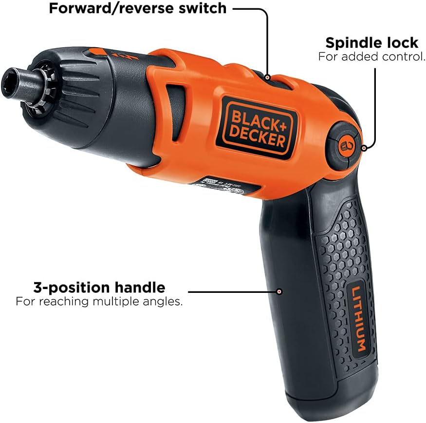 BLACK+DECKER Cordless Screwdriver with Pivoting Handle, Electric Screwdriver,  180 RPM, 3.6V, Charger and 2 Hex Shank Bits Included (Li2000)