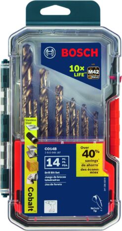 BOSCH CO14B 14-Piece Assorted Set with Included Case Cobalt M42 Metal Drill Bit with Three-Flat Shank for Drilling Applications in Stainless Steel, Cast Iron, Titanium, Light-Gauge Metal, Aluminum