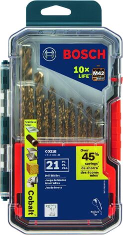 BOSCH CO21B 21-Piece Assorted Set with Included Case Cobalt M42 Metal Drill Bit with Three-Flat Shank for Drilling Applications in Stainless Steel, Cast Iron, Titanium, Light-Gauge Metal, Aluminum