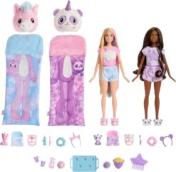 Barbie Cutie Reveal Gift Set with 2 Dolls & 2 Pets, Cozy Cute Tees Slumber Party with 35+ Surprises, Color Change & Costume Sleeping Bags