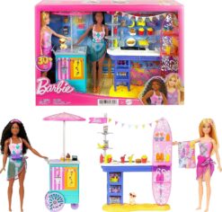 Barbie Dolls & Accessories Playset, Beach Boardwalk with Barbie “Brooklyn” & “Malibu” Dolls, Food Stand, Kiosk & 30+ Accessories