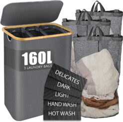 Bathola Hampers for Laundry Basket with Lid, 160L Extra Large 3 Section Clothes Divided Organizer for Bedroom,Laundry Room,Dirty Clothing Hamper,Grey