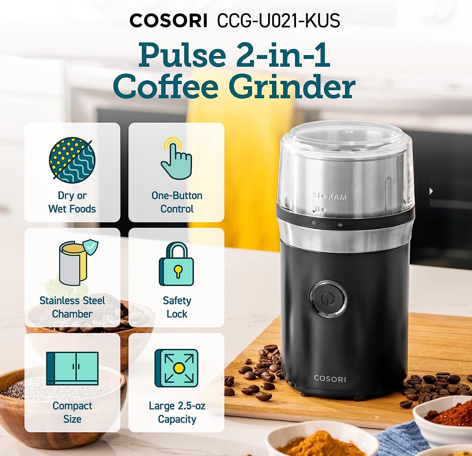 SHARDOR Coffee Grinder Electric, Spice Grinder Electric, Herb Grinder,  Grinder for Coffee Bean Spices and Seeds with 2 Removable Stainless Steel