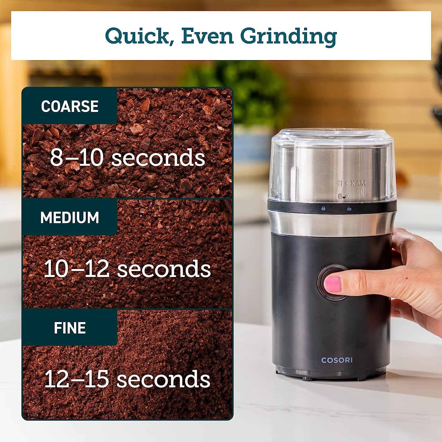 Kaffe Electric Blade Coffee Grinder w/Removable Cup. 4.5oz 14-Cup Capacity.  Cleaning Brush Included. Perfect Grinder for Coffee, Tea, Spices, Corn,  Herbs. (Black)