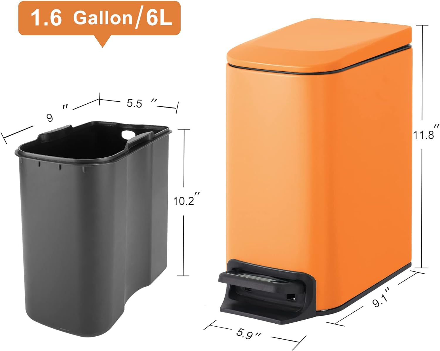 Cesun Small Bathroom Trash Can with Lid Soft Close, Step Pedal, 6 Liter / 1.6  Gallon Stainless Steel Garbage Can with Removable Inner Bucket,  Anti-Fingerprint Finish (Matt Orange)