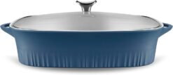 CorningWare Non-Stick 5.7 Quart QuickHeat Roaster with Lid, Lightweight Roaster, Ceramic Non-Stick Interior Coating for Even Heat Cooking, French Navy