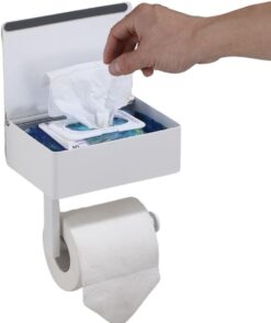 Day Moon Designs Toilet Paper Holder & Flushable Wet Wipes Dispenser for Bathroom | Adult, Men, Women, Feminine Wipe Storage Built-in | Stainless Steel Wall Mount (Matte White, Small)