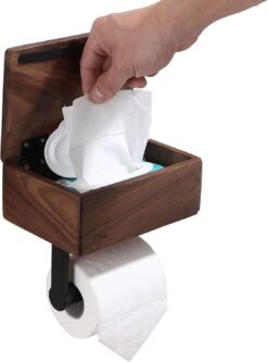 Day Moon Designs Toilet Paper Holder with Shelf - Flushable Wipes Dispenser & Storage Fits Any Bathroom, Keep Your Wet Wipes Hidden - Wooden Wall Mount Bathroom Organizer - Small, Dark Wood
