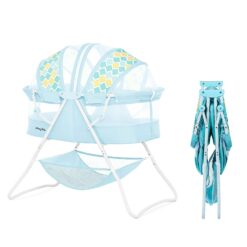 Dream On Me Karley Bassinet in Aqua, Lightweight Portable Baby Bassinet, Quick Fold and Easy to Carry, Adjustable Double Canopy, Indoor and Outdoor Bassinet with Large Storage Basket.