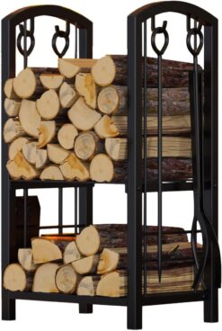 Fire Beauty Fireplace Log Rack with 4 Tools Fireside Firewood Holders Lumber Storage Stacking Black Wrought Iron Heavy Duty Logs Bin