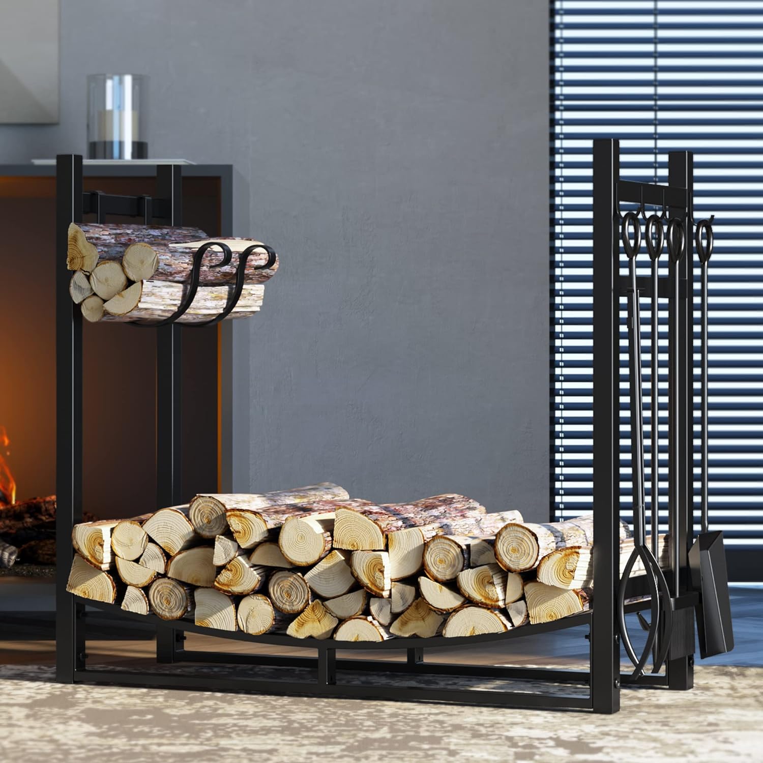 Steel Firewood Log Storage Rack & Tool Set w/ Kindling Holder