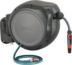 GARDENA 8040 50 Foot Wall Mounted Retractable Reel with Hose Guide, ft, Grey