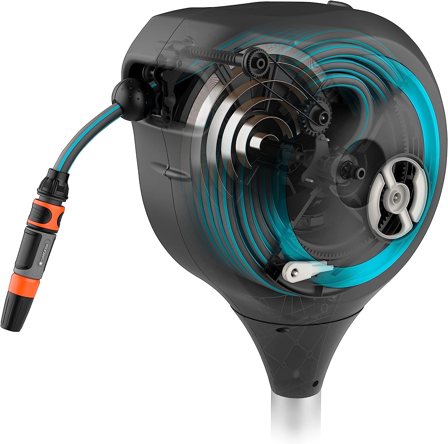 GARDENA 115' ft. Wall Mounted Retractable Hose Reel, Black and Turquoise