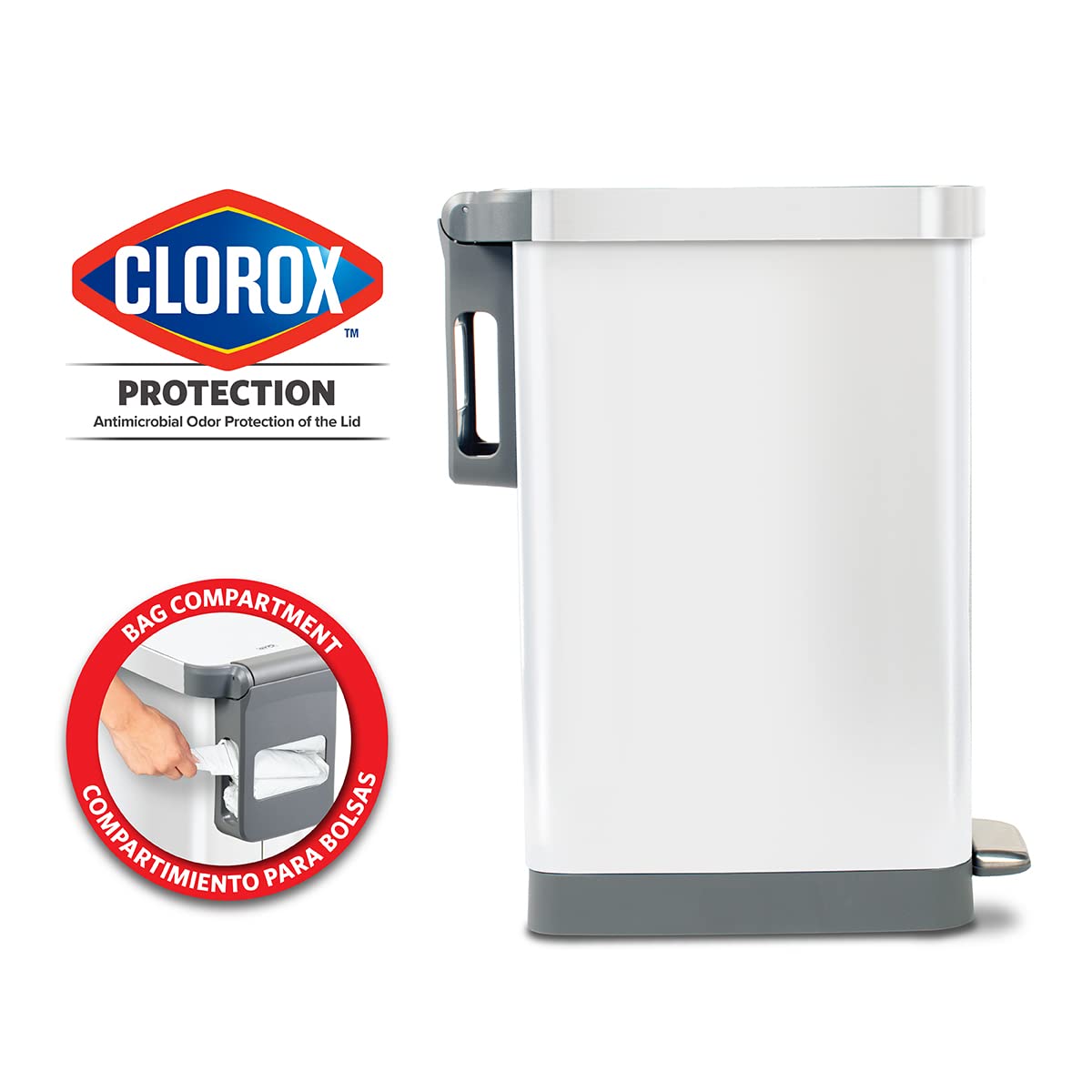 Glad Slim Trash Can with Clorox Odor Protection - Narrow Kitchen Garbage  Bin with Soft Close Lid, Step On Foot Pedal and Waste Bag Roll Holder, All