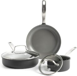 GreenPan Chatham Hard Anodized Healthy Ceramic Nonstick 5 Piece Cookware Pots and Pans Set, Saute, Saucepan, Lids, Stainless Steel Handles, PFAS-Free, Dishwasher Safe, Oven Safe, Gray