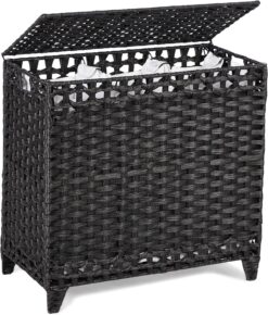 Hermina Laundry Hamper with 3 Removable Liner Bags; 132L Handwoven Rattan Laundry Basket with Lid & Heightened Feet; Clothes Hamper with Side Handles; Laundry Sorter with 3 Separate Sections (Black)