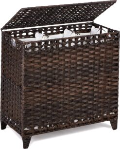 Hermina Laundry Hamper with 3 Removable Liner Bags; 132L Handwoven Rattan Laundry Basket with Lid & Heightened Feet; Clothes Hamper with Side Handles; Laundry Sorter with 3 Separate Sections (Brown)
