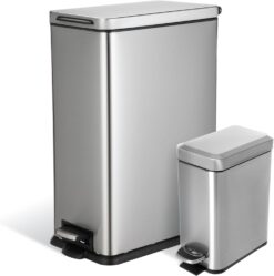 Home Zone Living 12 Gallon and 1.3 Gallon Kitchen Trash Can Value Bundle Set, Stainless Steel Wastebasket with Lid and Slim Design, Silver