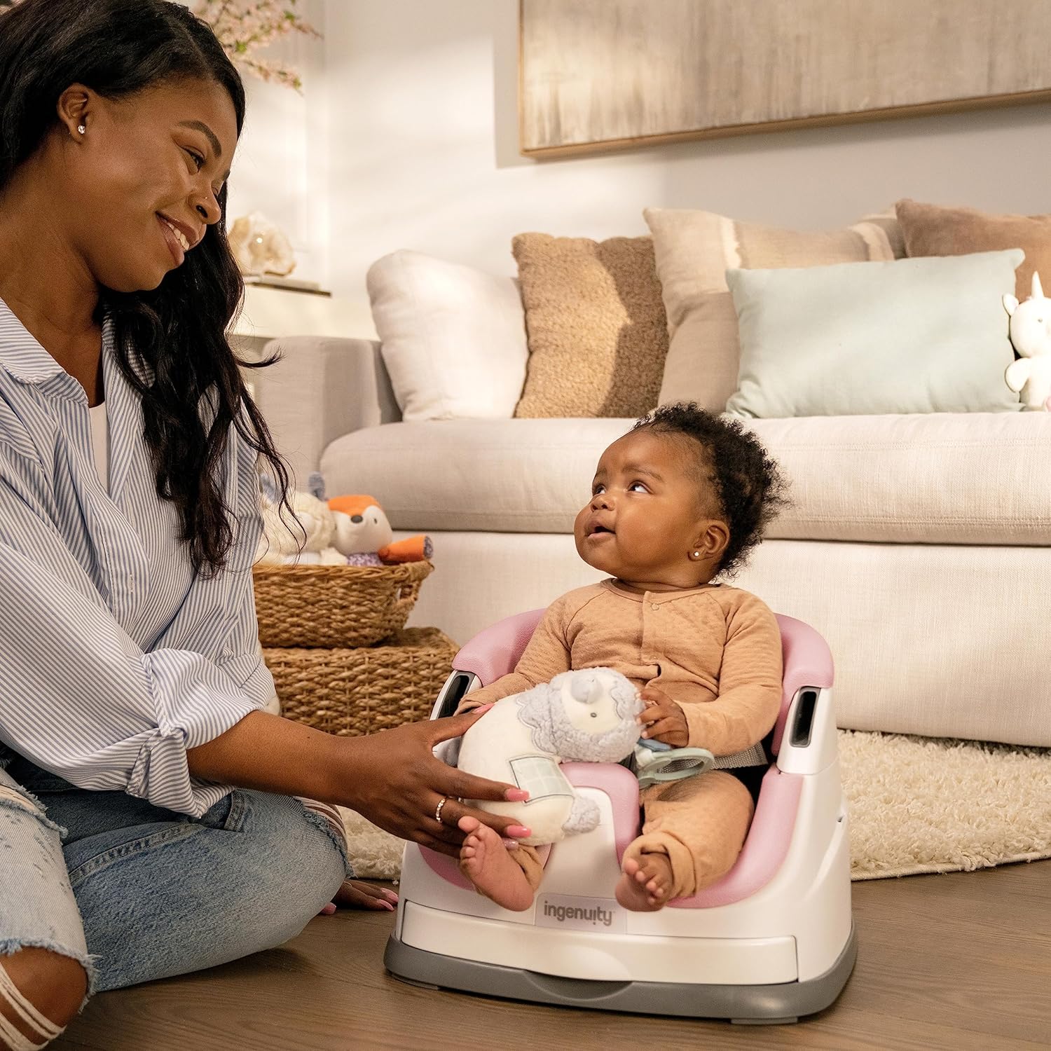 Ingenuity Baby Base 2-in-1 Booster Feeding and Floor Seat with Self-Storing  Tray, Slate