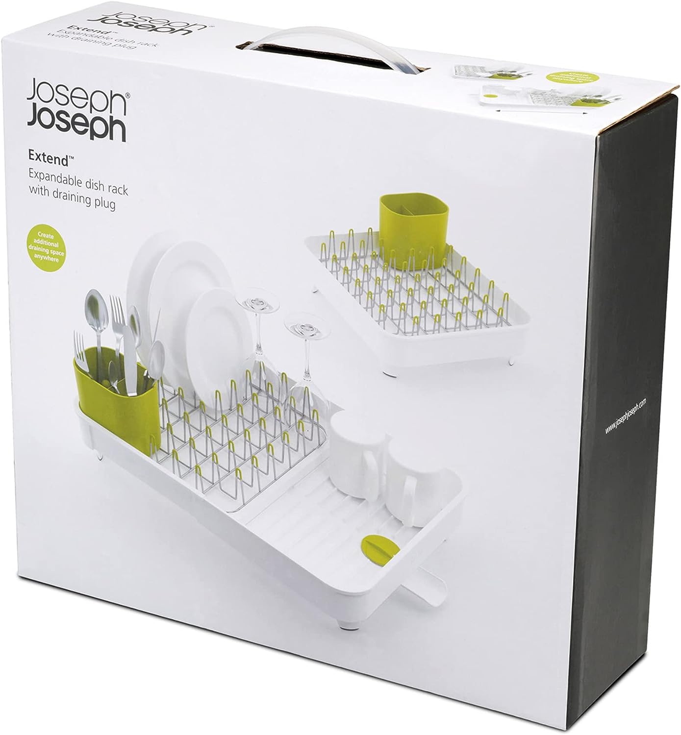 Joseph Joseph 85071 Extend Expandable Dish Drying Rack and Drainboard Set  Foldaway Integrated Spout Drainer Removable Steel Rack and Cutlery Holder,  White,White/Green - Plastic 