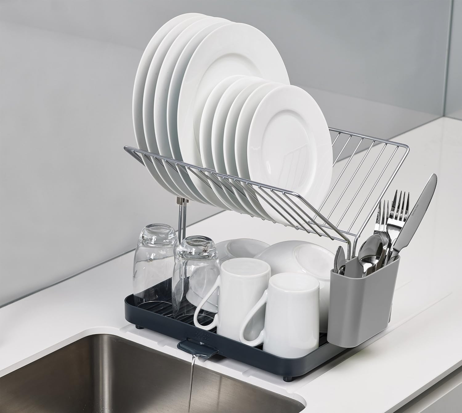 Joseph Joseph Y-Rack Dish Rack and Drain Board Set with Cutlery Organizer Drainer  Drying Tray, Large, Gray