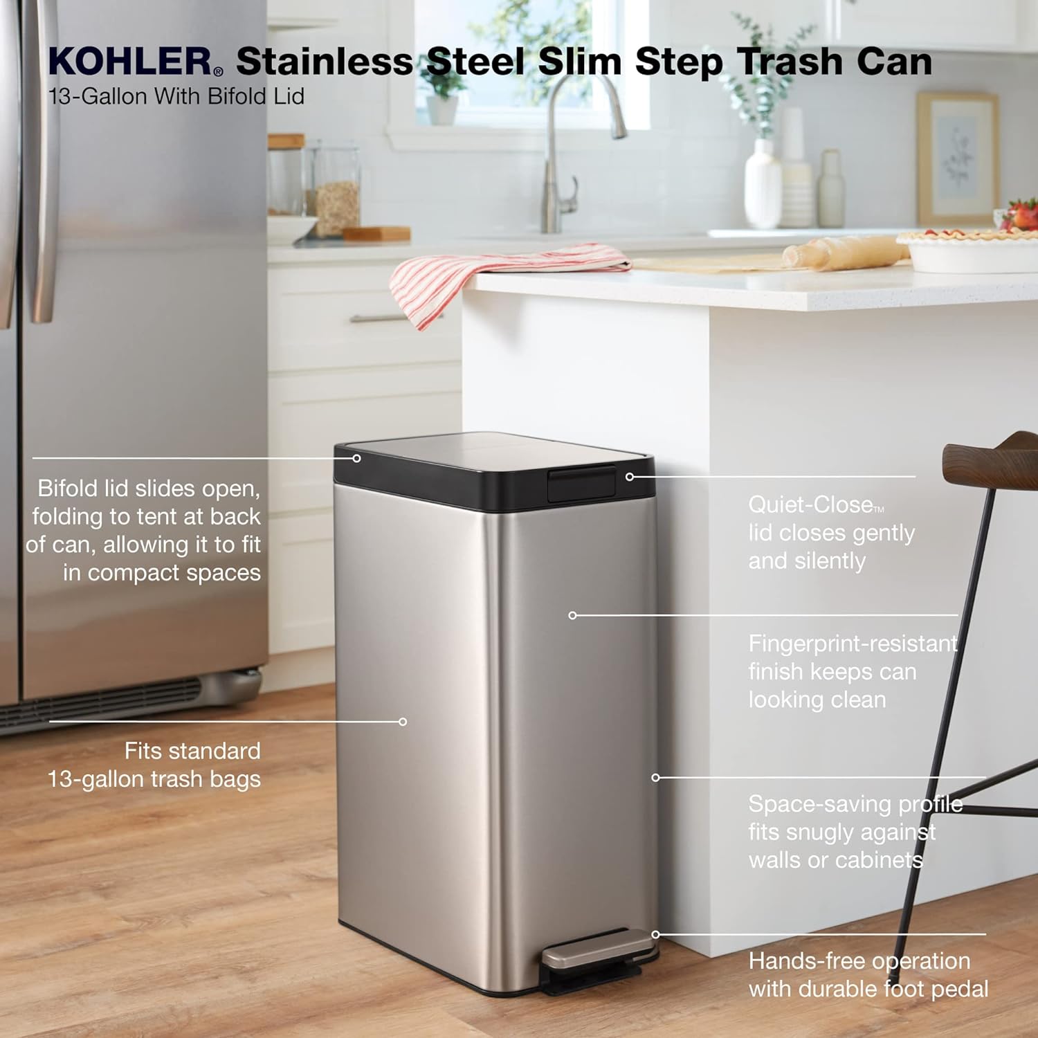 KOHLER 23826-ST 13 Gallon Elongated Hands-Free Step Can, Trash Can with  Soft-Close and Foot Pedal, Quiet Close Lid, Stainless Steel