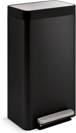 KOHLER K-20941-BST Kitchen Trash Can, 8 Gallon Trash Can Trash with Quiet-Close Lid and Hands Free Foot Pedal in Black Stainless Steel