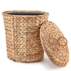 KOLWOVEN Wicker Trash Can with Lid in Bedroom, Bathroom - 3 Gallon Small Trash Can in Office - Boho Woven Wicker Waste Basket - Office Garbage Cans for Under Desk with Plastic Insert
