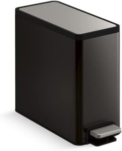 Kohler Bathroom, 2.5 Gallon Small Trash Can with Quiet-Close Lid and Hand Free Foot Pedal, Black Stainless Steel