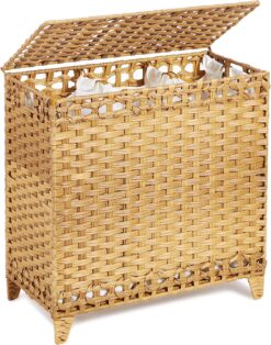 Hermina Laundry Hamper with 3 Removable Liner Bags; 132L Handwoven Rattan Laundry Basket with Lid & Heightened Feet; Clothes Hamper with Side Handles; Laundry Sorter with 3 Separate Sections (Natural)