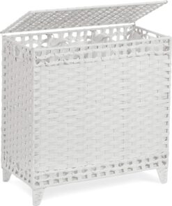 Hermina Laundry Hamper with 3 Removable Liner Bags; 132L Handwoven Rattan Laundry Basket with Lid & Heightened Feet; Clothes Hamper with Side Handles; Laundry Sorter with 3 Separate Sections (White)