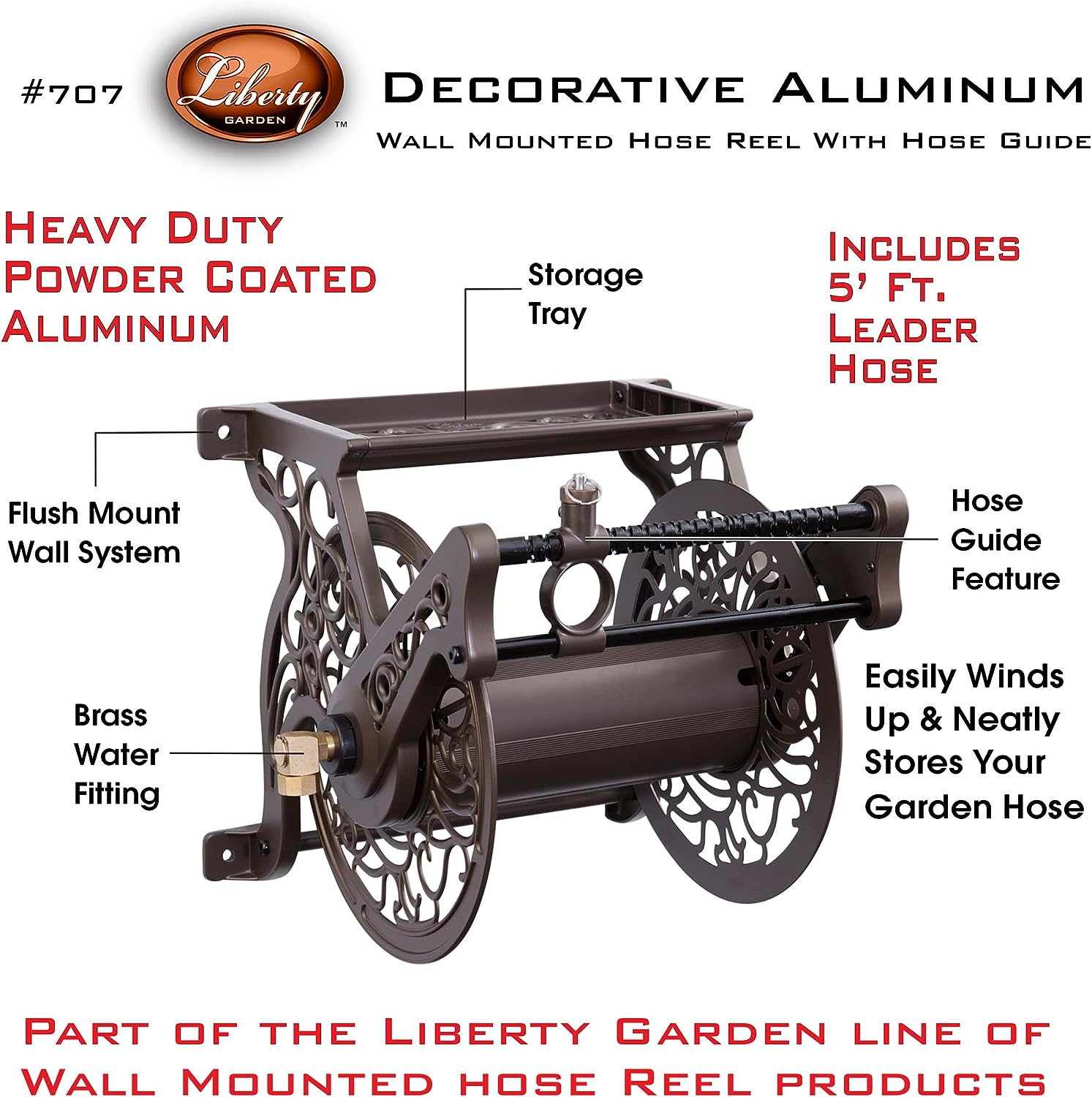 Liberty Garden Products 708 Steel Decorative Wall Mount Garden Hose Reel,  Holds 125-Feet of 5/8-Inch Hose - Bronze
