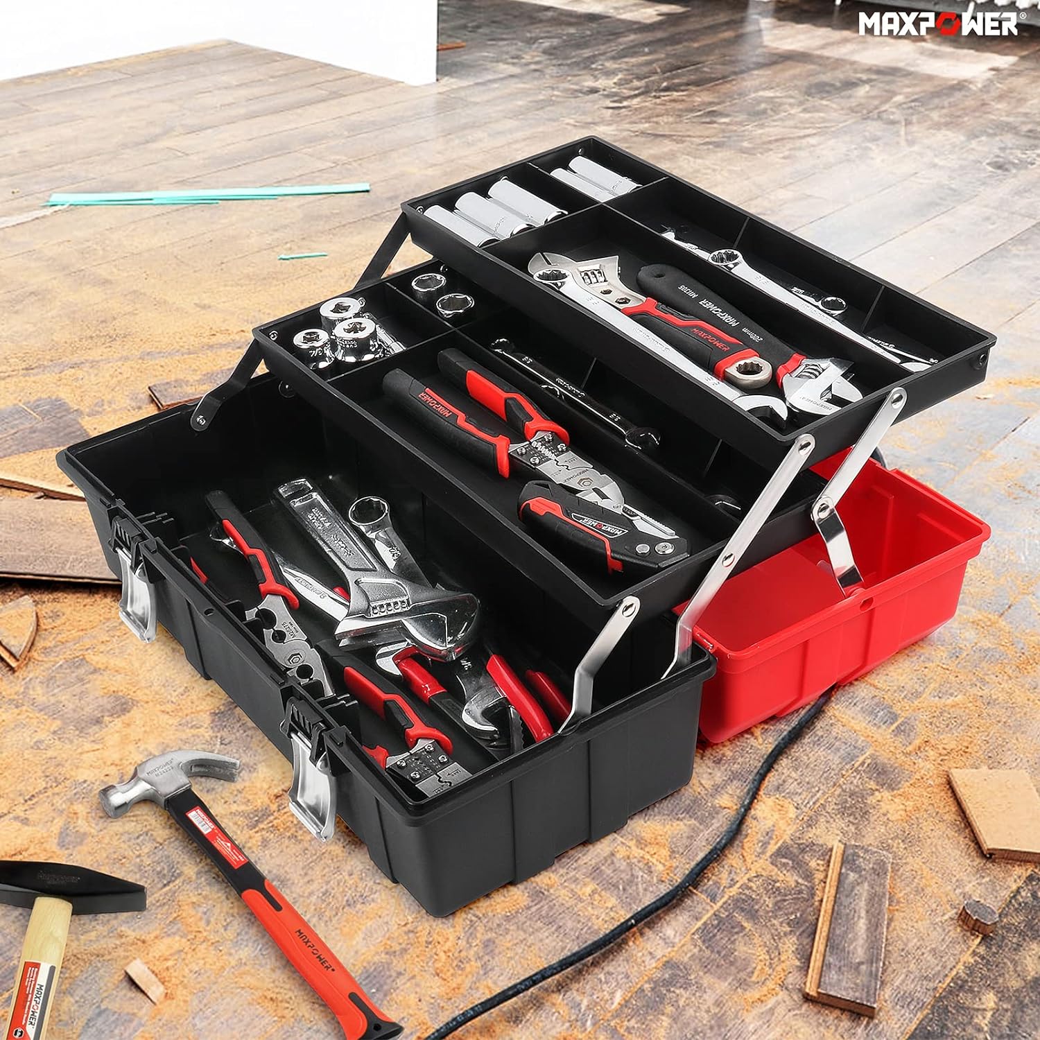 MAXPOWER 17-Inch Tool Box, Three-Layer Folding Plastic Storage Toolbox,  Multi-Function Organizer with Tray and Dividers