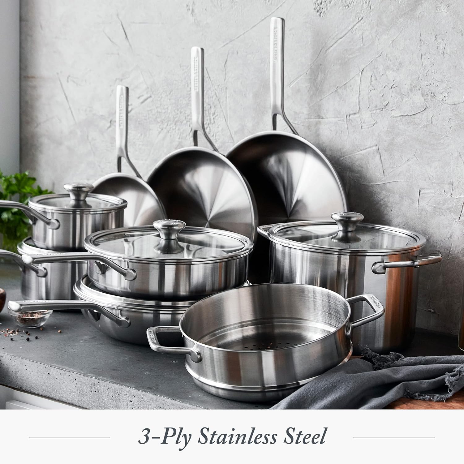 Merten & Storck Tri-Ply Stainless Steel 14 Piece Cookware Pots & Pans  Set,Professional Cooking,Multi Clad,Measurement Markings,Drip-Free Pouring  Edges,Durable Glass Lids,Induction,Oven&Dishwasher Safe